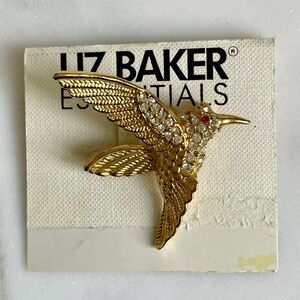 Liz Baker Gold-tone Hummingbird Pin with Clear Rhinestones